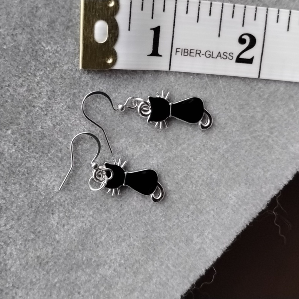 Hand Crafted Black Enamel Cat Earrings - Picture 4 of 4